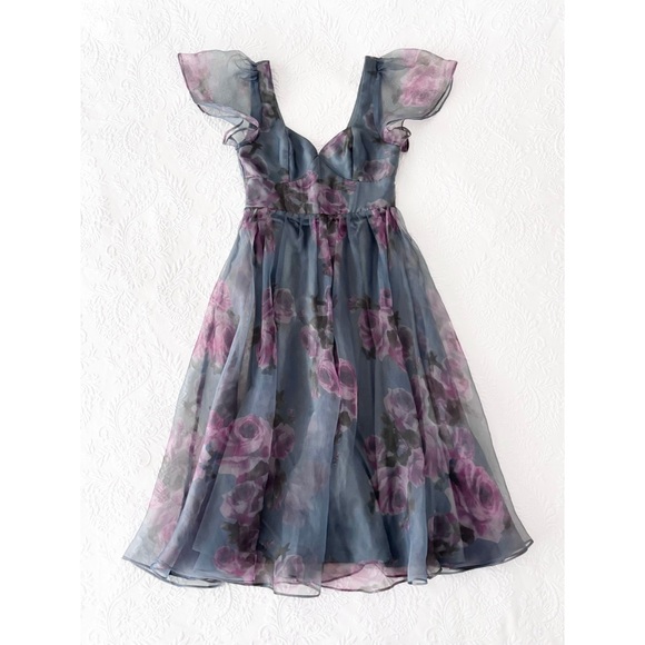 NWOT Lulus Mesmerizing Mood Slate Floral Organza Ruffled A-Line Midi Dress Small - Picture 2 of 8